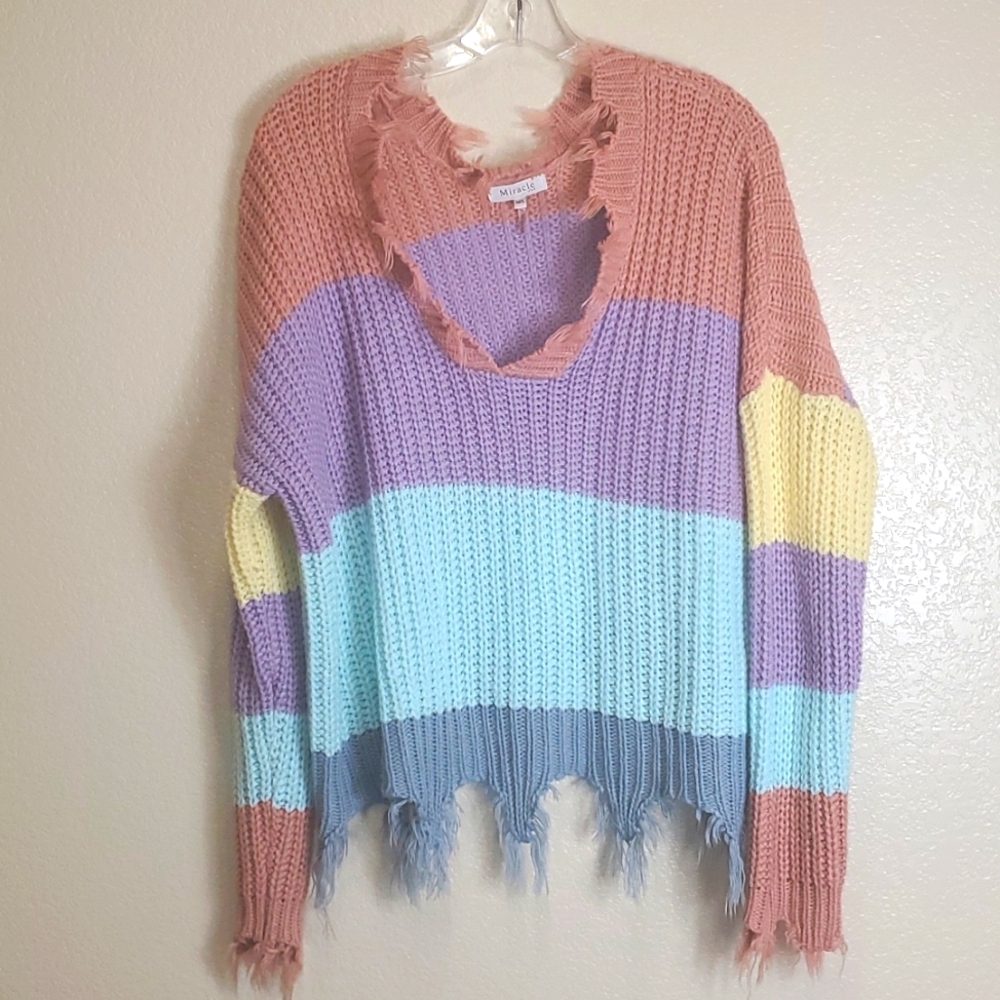 Miracle USA Women's Pastel Rainbow Distressed Sweater Size M/L